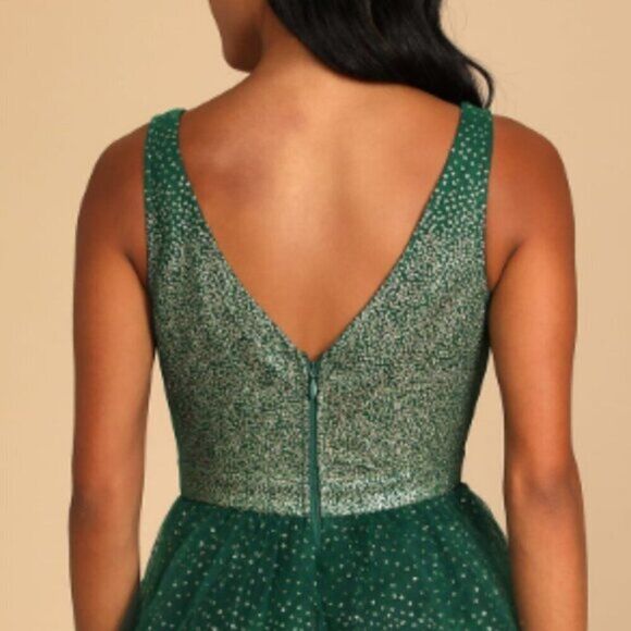 Lulu's‎ Women's  Sparkling Gold Glitter Skater Mini Dress Emerald Green - Picture 4 of 4